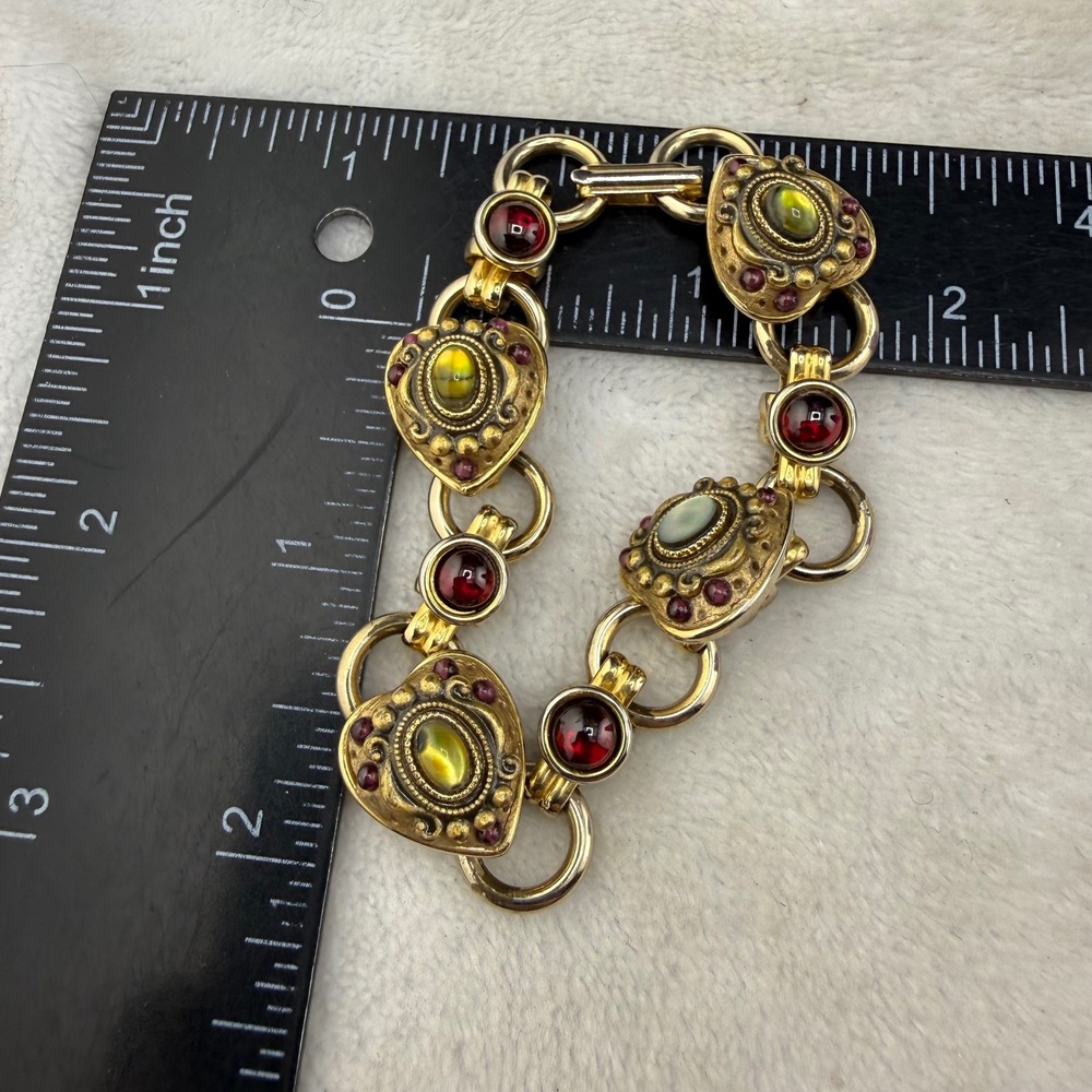 Vintage Heart Link Bracelet Gold Red Green 7.5in - Picture 6 of 9